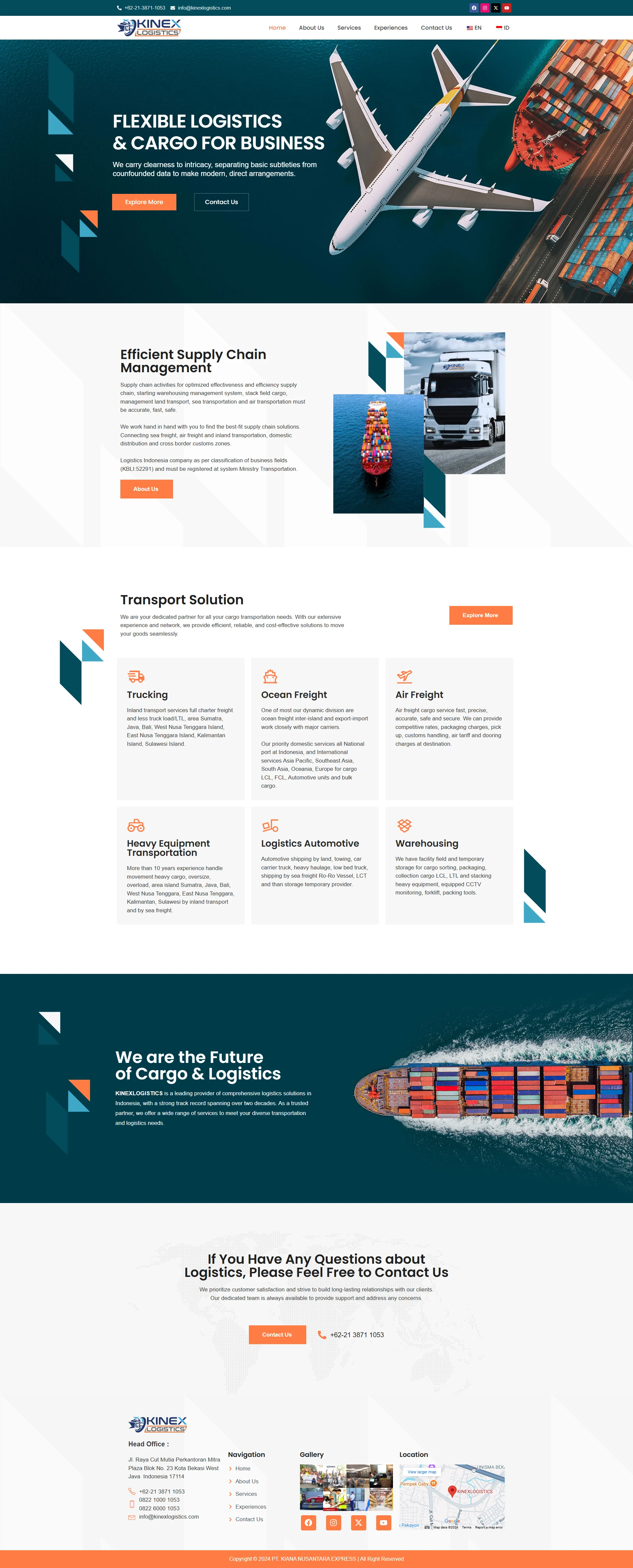 Tampilan website Kinex Logistics